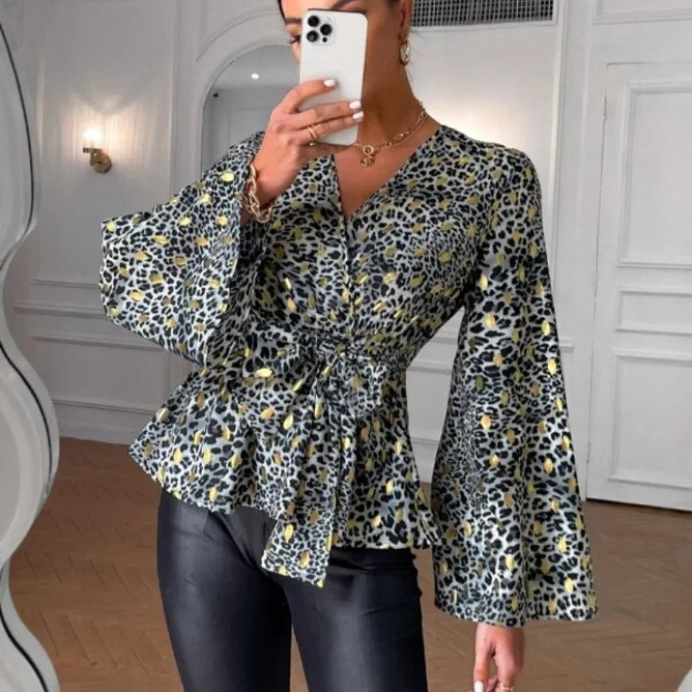 Leopard & Gold Dot Print Trumpet Sleeve Knotted Pe - Picture 4 of 6
